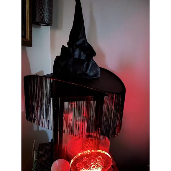 Black Witch Hat with Fringe & Spider Dangle Halloween Costume Accessory - Picture 1 of 2